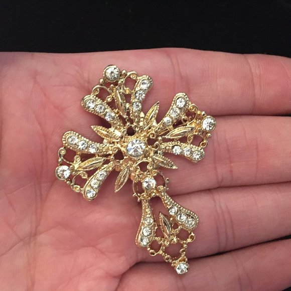 Brooch Large Cross Vintage Retro 80's Crystals Golden Ornate Women's Jewelry - Picture 9 of 11